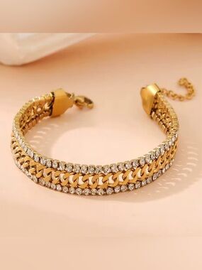 18K Gold Plated Stainless Steel Three Layers Bracelet Shiny Cubic Zirconia